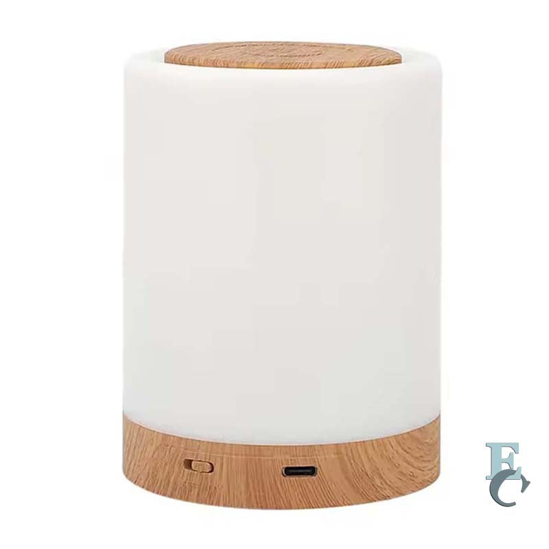 Cylindrical white Portable Touch Control LED Bedside Night Light with wooden elements on a white background.