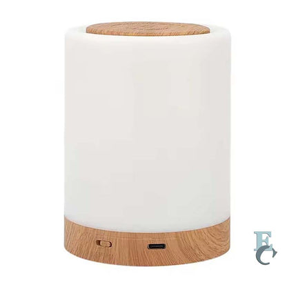 Cylindrical white Portable Touch Control LED Bedside Night Light with wooden elements on a white background.