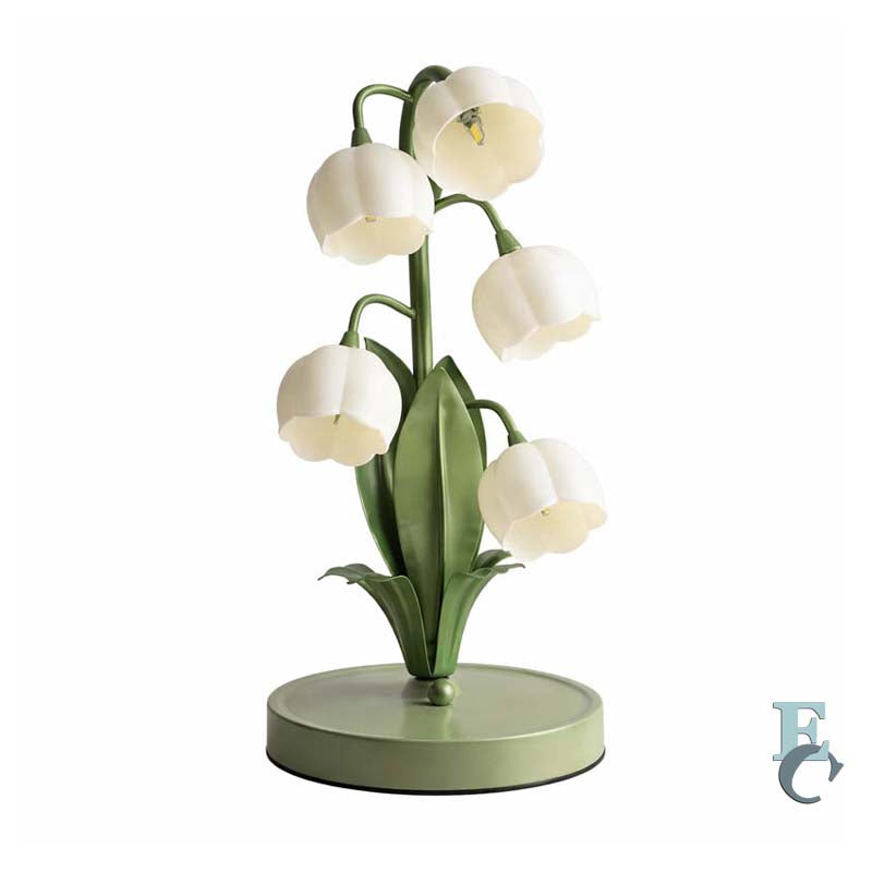 Decorative table lamp with white floral design on a white background