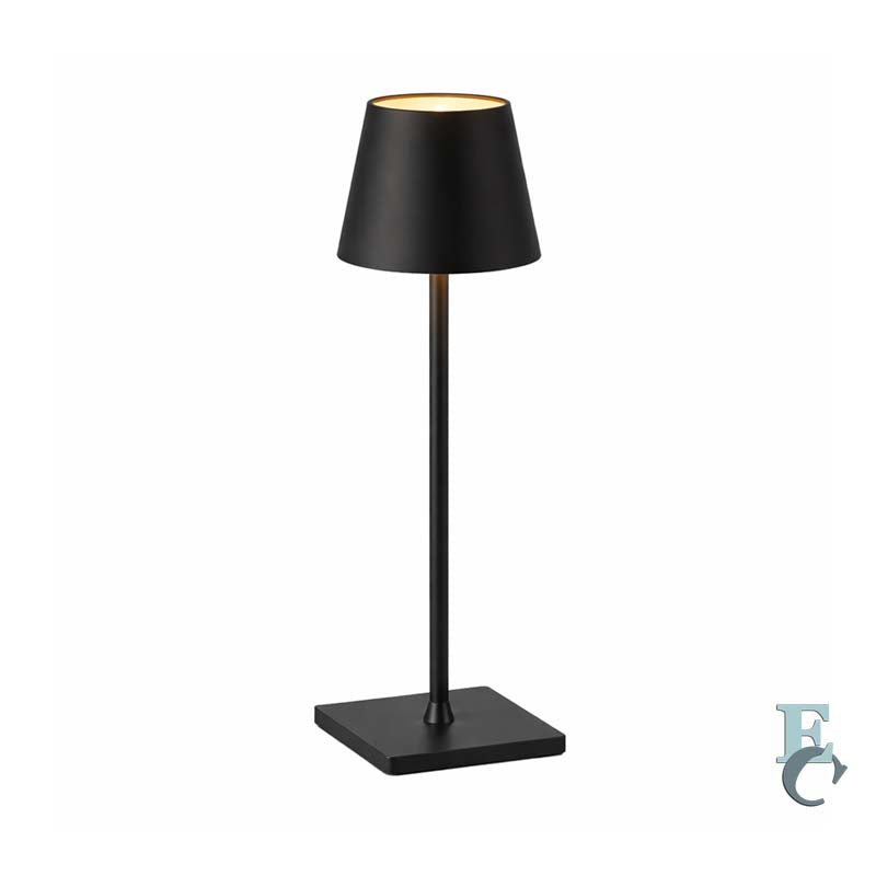Black table lamp with a square base on a white background