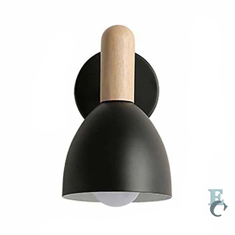Black wall light fixture with wooden accent on a white background