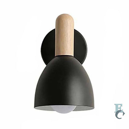 Black wall light fixture with wooden accent on a white background