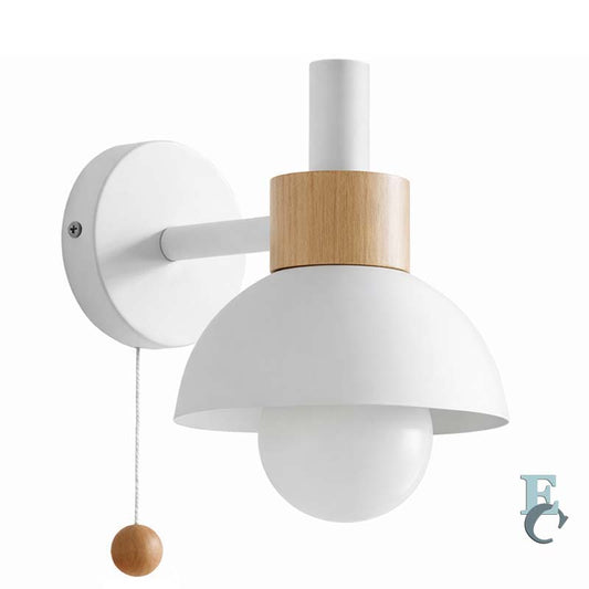 Wall-mounted light fixture with white shade and wooden accents on a white background