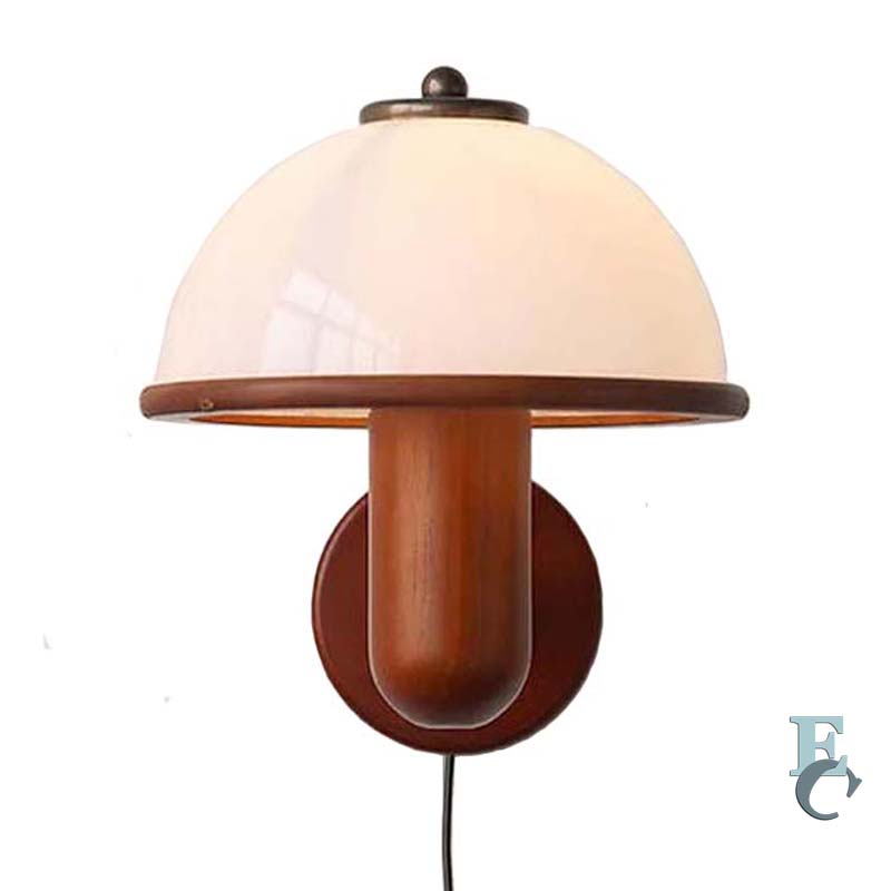 Wall-mounted lamp with wooden base and white glass shade on a white background