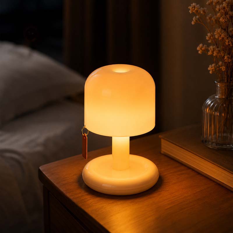 Small table lamp emitting a warm glow on a wooden surface with a blurred background