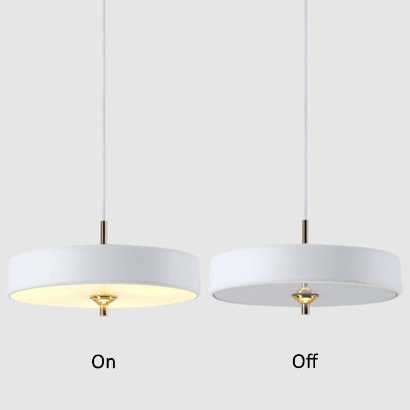 Minimalist LED pendant lamp shown in on and off states, highlighting warm light illumination and clean modern design.