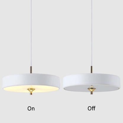 Minimalist LED pendant lamp shown in on and off states, highlighting warm light illumination and clean modern design.