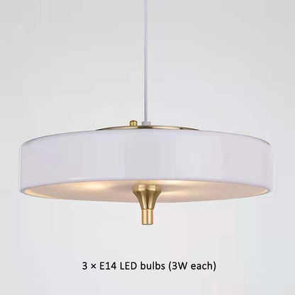 Minimalist LED pendant lamp with a white circular shade and gold metal details, using three E14 LED bulbs of 3W each.