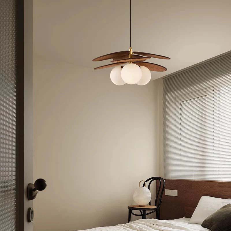 Modern wooden pendant light in bedroom interior