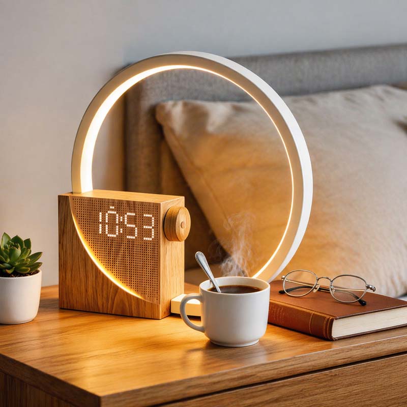 Stylish sunrise alarm clock with soft bedroom lighting