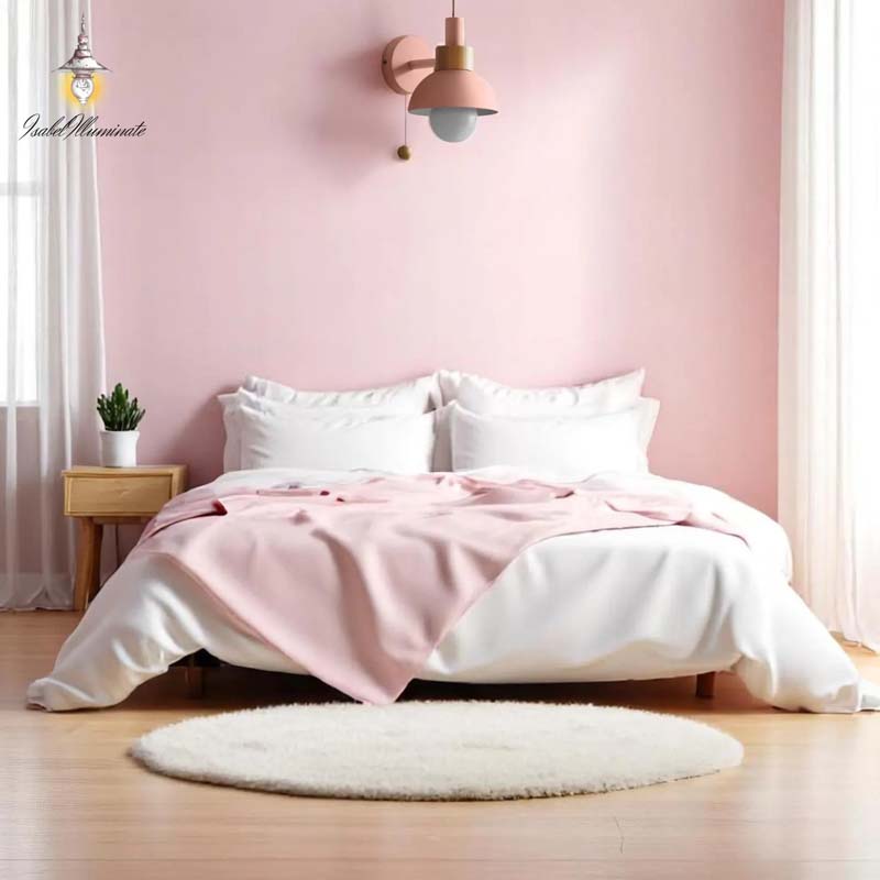 Nordic Style Wall Sconce in a bedroom with pink walls, white bedding and a small wooden nightstand.