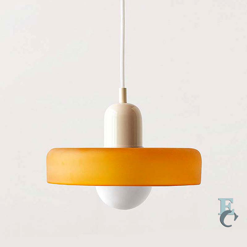 Pendant light with a yellow shade and beige fixture on a white background