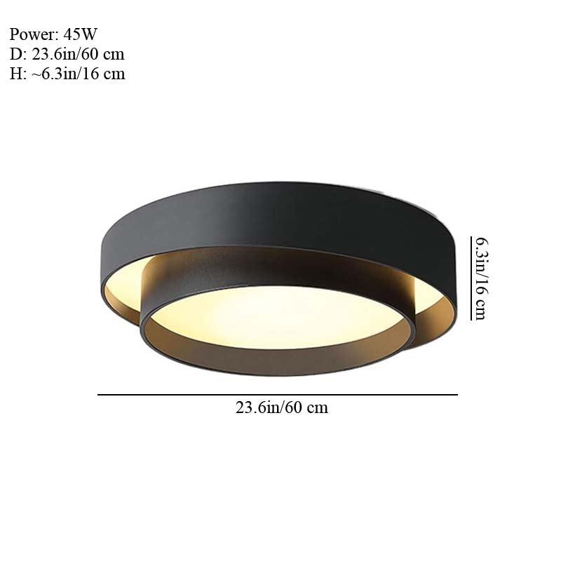 Black ceiling light fixture with measurements on a white background