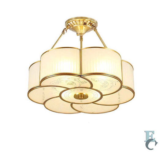 Pendant Flower ceiling light with frosted glass and brass trim 