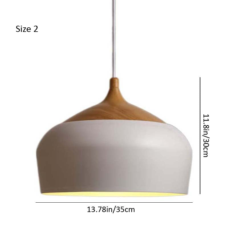 Pendant light with wooden top and gray base, labeled 'Size 2' with dimensions.