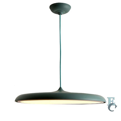 Modern pendant light with a dark green shade on a white background