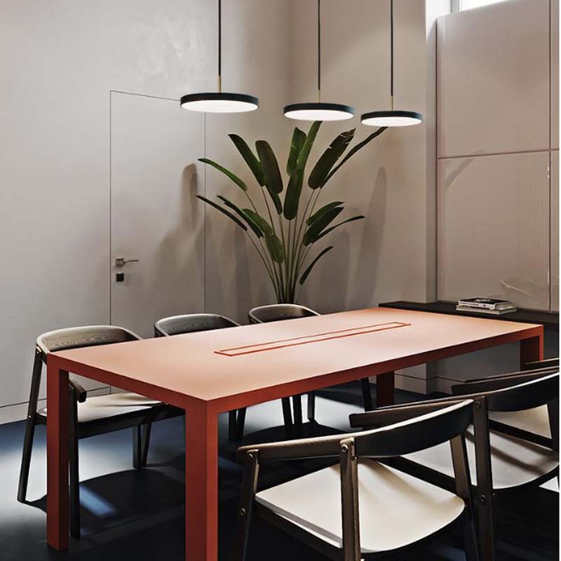Pendant Lamp Orbita metal acrylic in a modern conference room with a long table and chairs decorated with a plant
