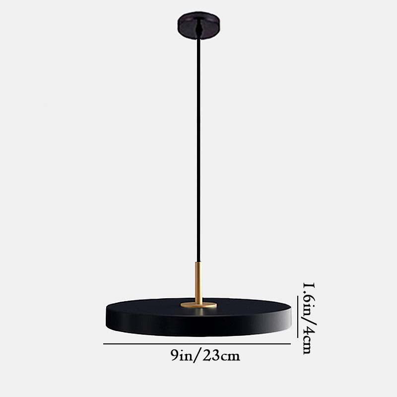 Black pendant light with measurements on a white background