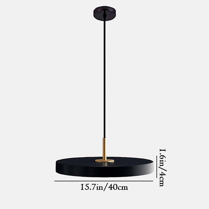 Black pendant light with measurements on a white background
