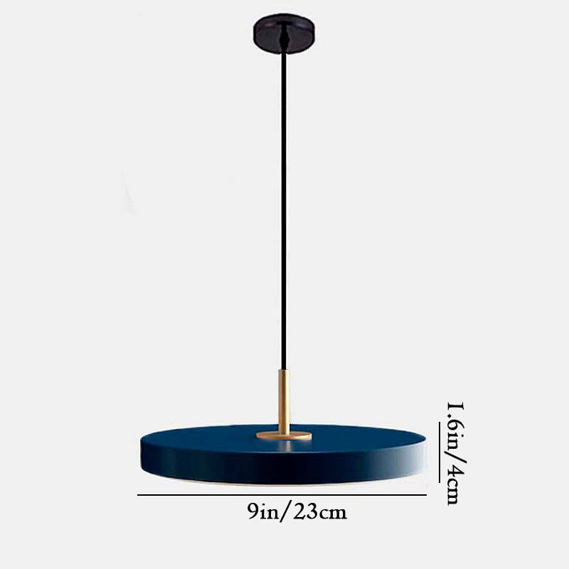 Blue pendant light with black cord on a white background