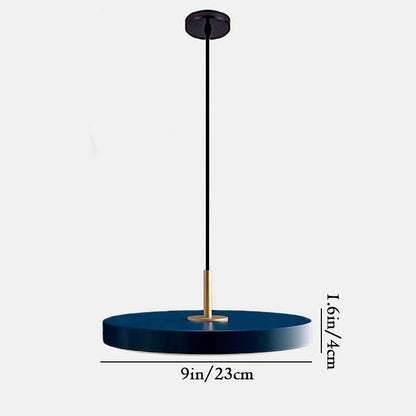 Blue pendant light with black cord on a white background