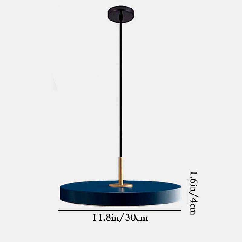 Blue pendant light with black cord on a white background