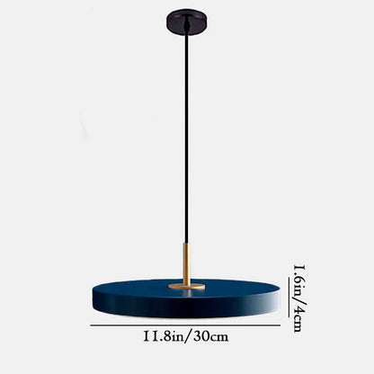Blue pendant light with black cord on a white background