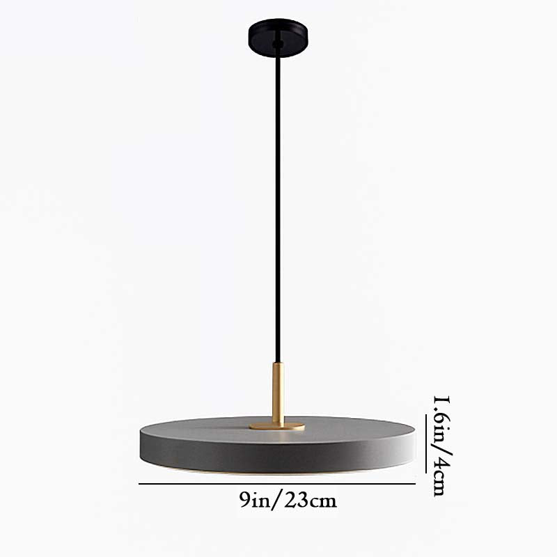 Pendant light with dimensions indicated on a white background