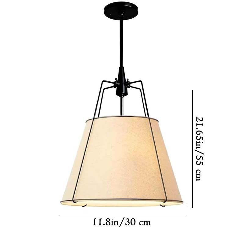 Pendant light with beige shade and black metal frame, shown with dimensions on a white background.