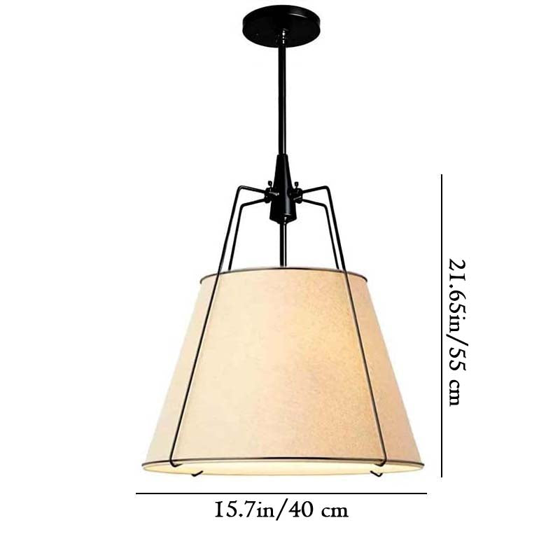 Pendant light with beige shade and black frame, shown with measurements on a white background