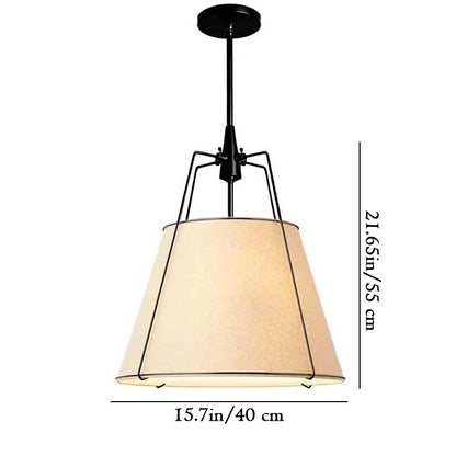Pendant light with beige shade and black frame, shown with measurements on a white background