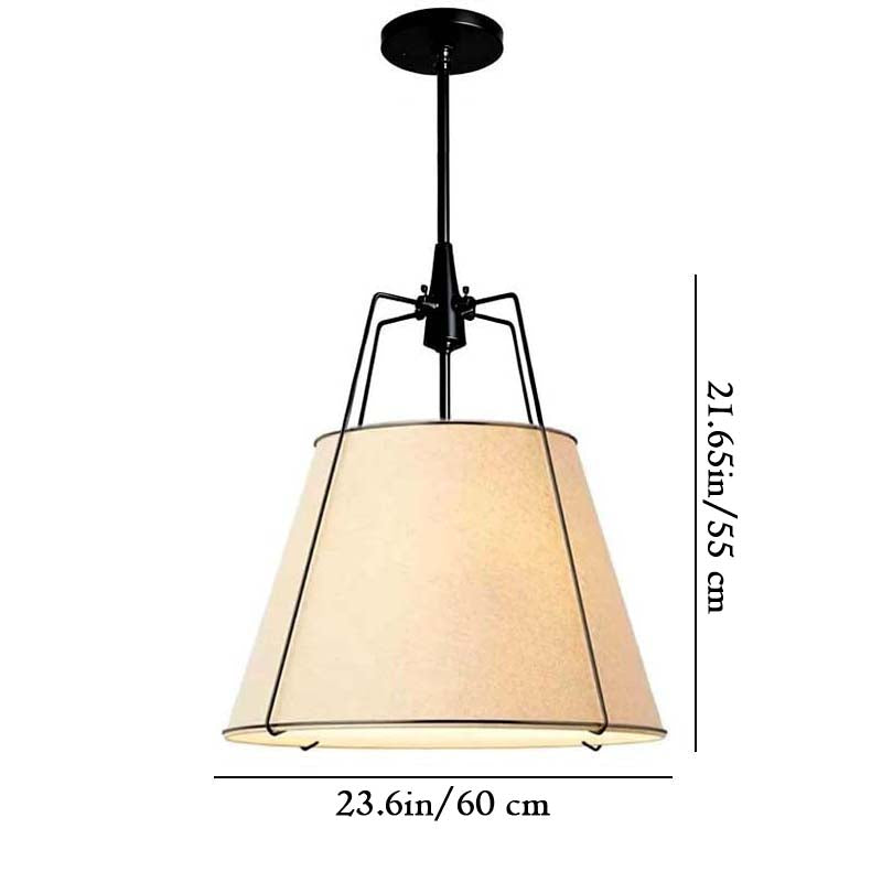 Pendant light with beige shade and black frame, shown with dimensions on a white background