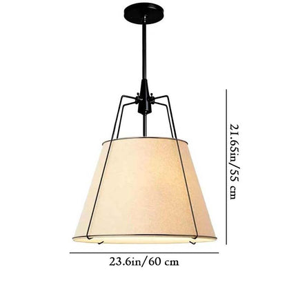 Pendant light with beige shade and black frame, shown with dimensions on a white background