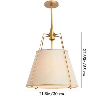 Gold pendant light with white shade and measurement details on a white background