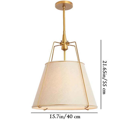 Gold pendant light with white shade and dimensions on a white background