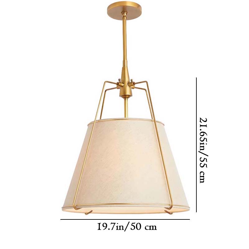 Gold pendant light with white shade and measurements on a white background
