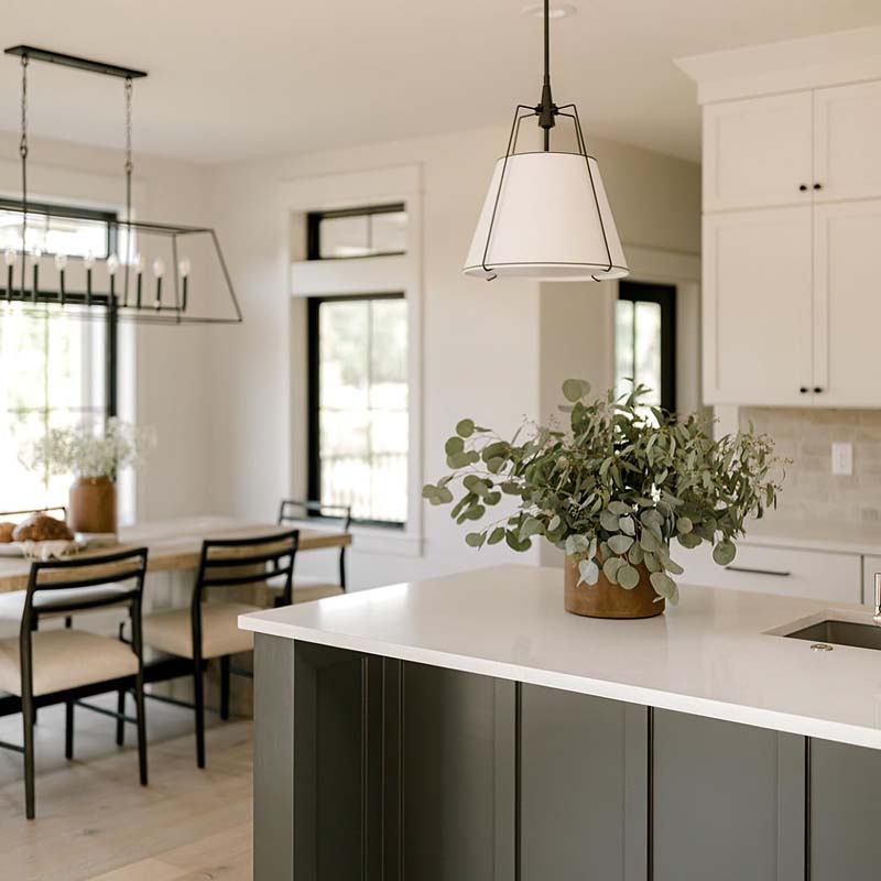 Pendant Lampshade Comfort in a contemporary kitchen with white countertops and a gray kitchen island.