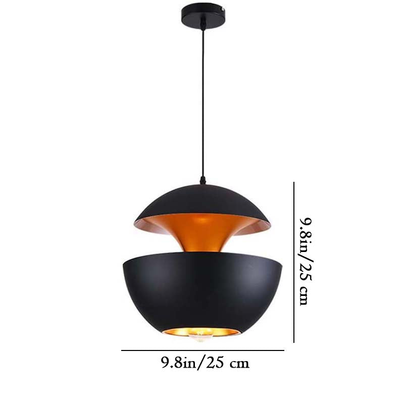 Black pendant light with gold interior, shown with measurements on a white background