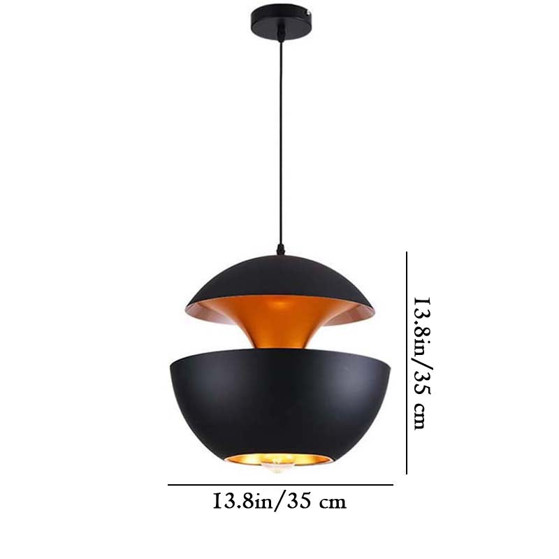 Black pendant light with gold interior, shown with measurements on a white background