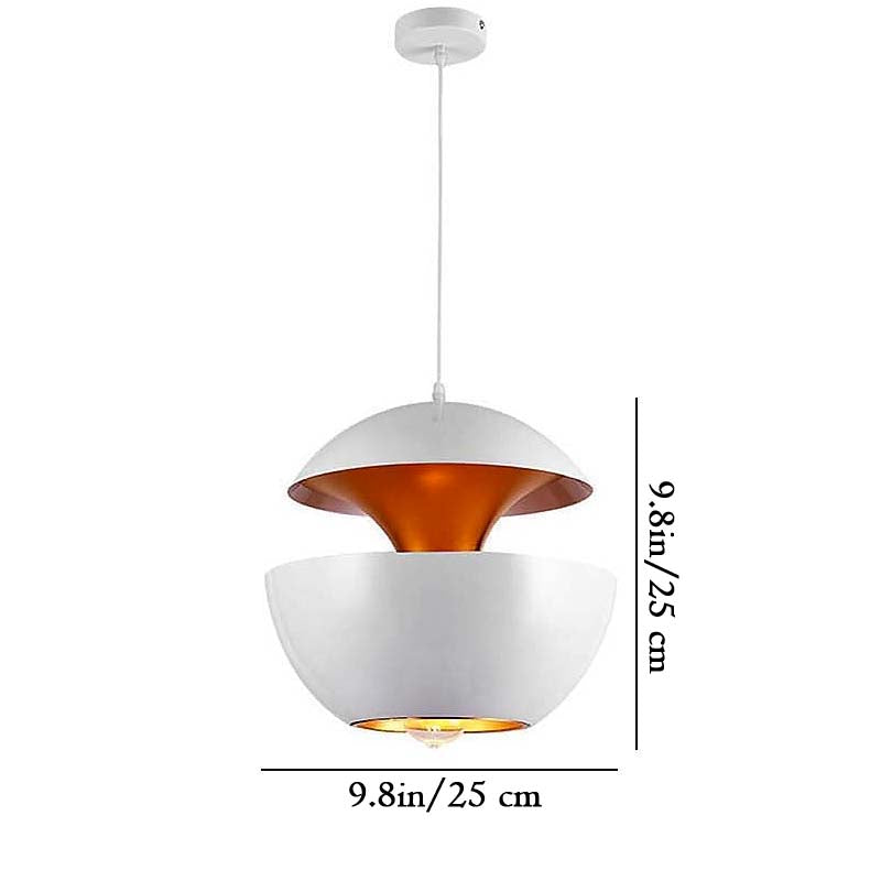 White pendant light with copper interior, shown with measurements on a white background