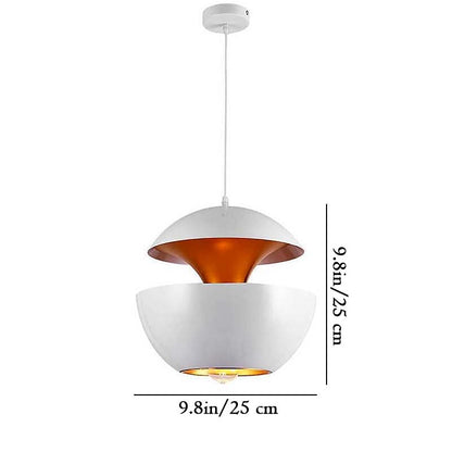 White pendant light with copper interior, shown with measurements on a white background