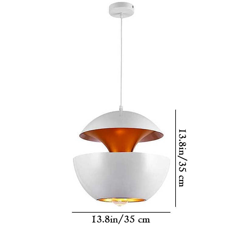 Pendant light with white and copper design, shown with measurements on a white background