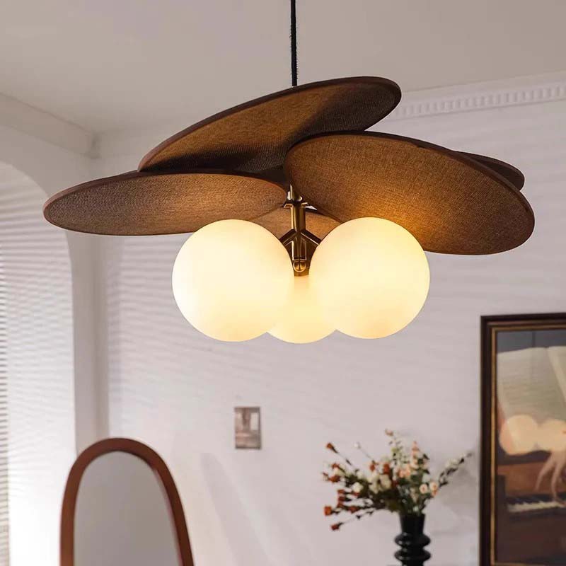 Pendant lamp with wooden design and frosted glass globes