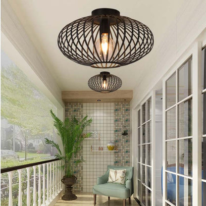 Pendant lights with cage shade in a balcony interior