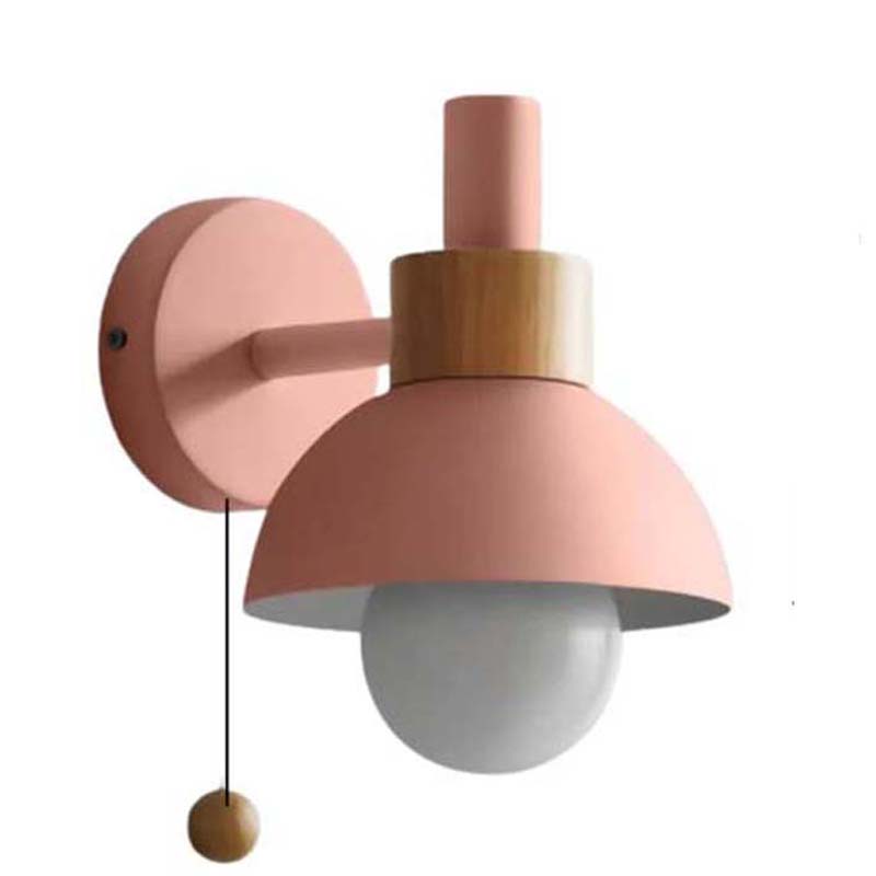 Modern wall lamp with pink and wooden design on a white background