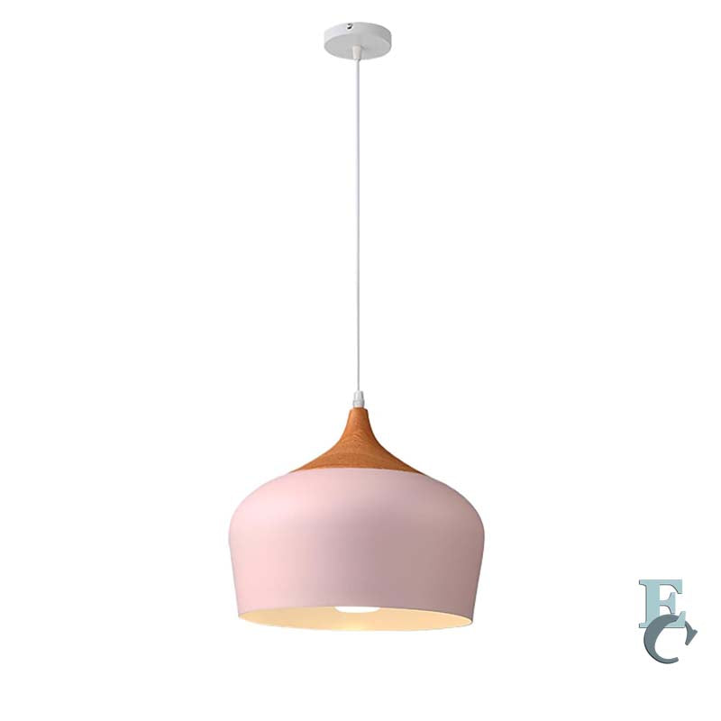 Pink pendant light with wooden accent on a white background