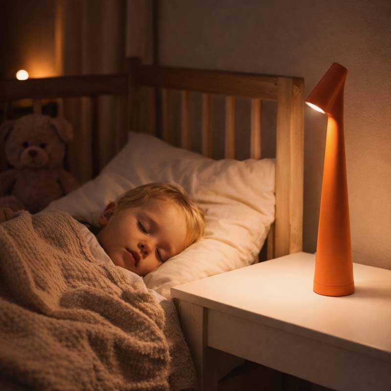 Child sleeping in bed with a teddy bear next to an orange lamp on a nightstand.