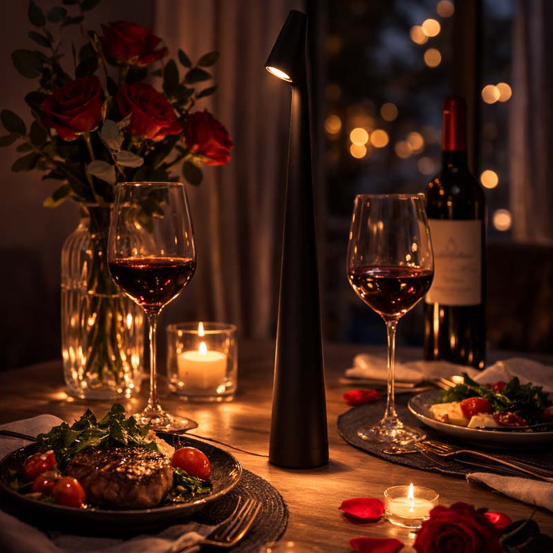 Romantic setting for dinner: wine glasses, table lamp and snacks on the table.