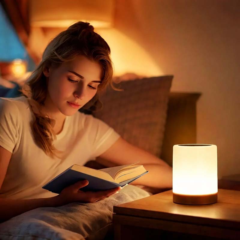 Woman reading a book in bed with a night lamp on a wooden nightstand.