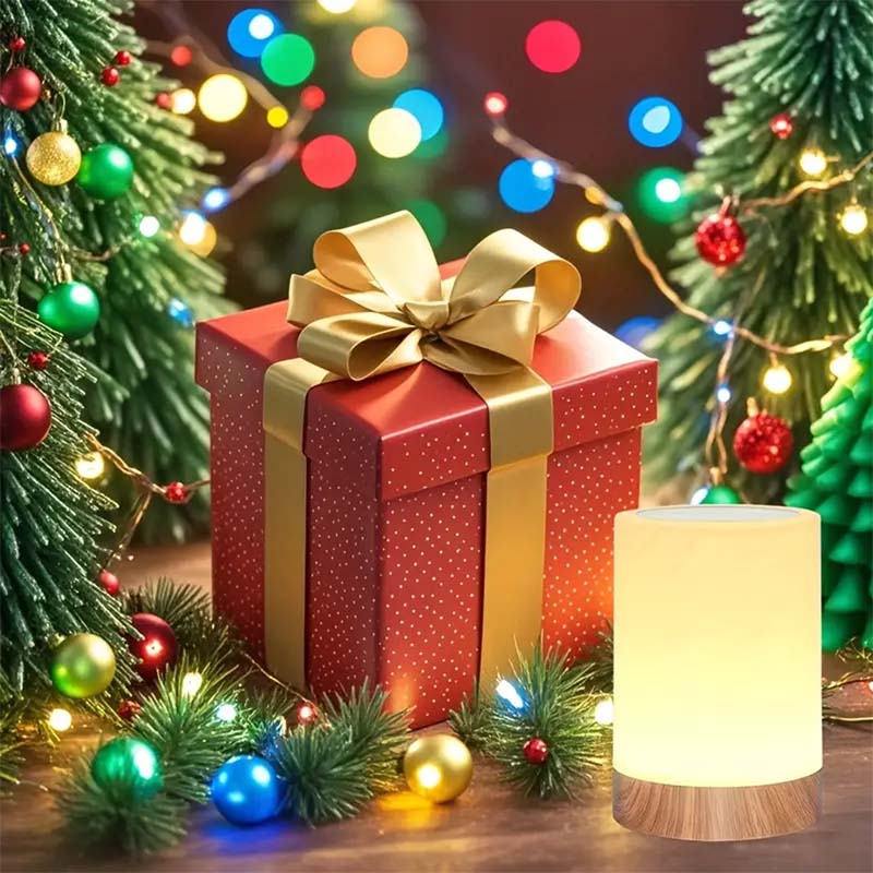 Portable Touch Control LED Bedside Night Light against a Christmas tree and garland backdrop.
